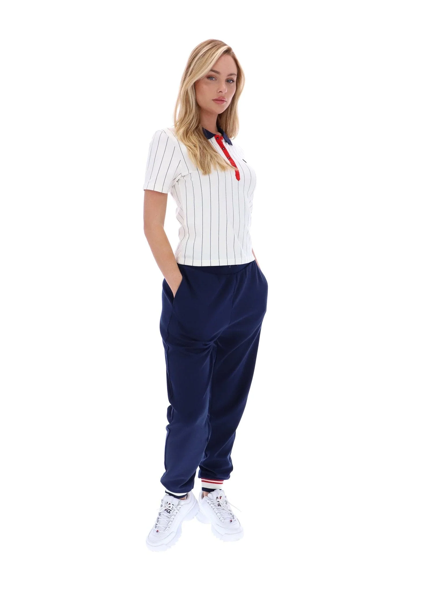 BAI Fitted BB1 Pinstripe Polo for Women in Gardenia/Fila Navy/Fila Red - Image 3