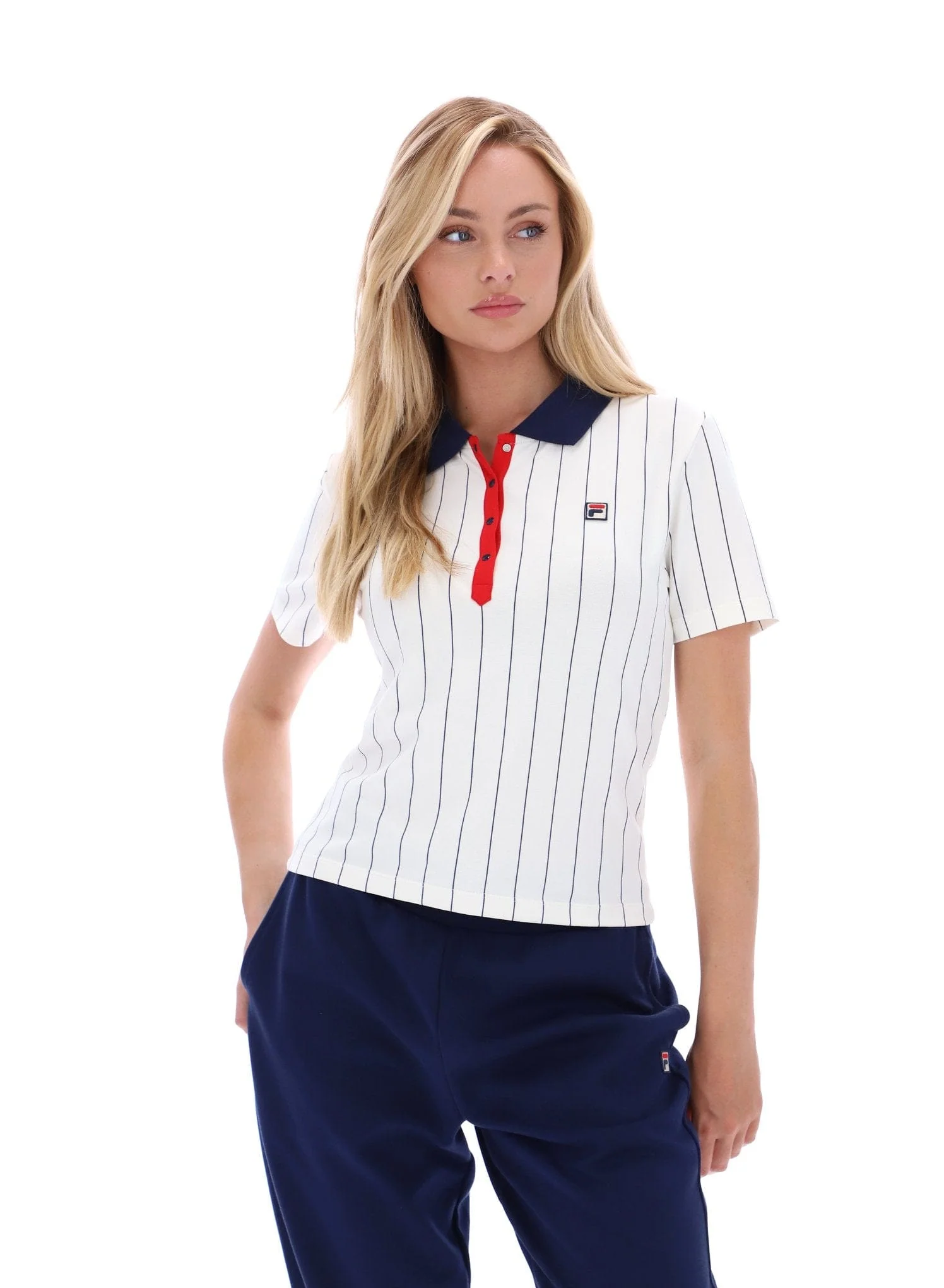 BAI Fitted BB1 Pinstripe Polo for Women in Gardenia/Fila Navy/Fila Red - Image 5