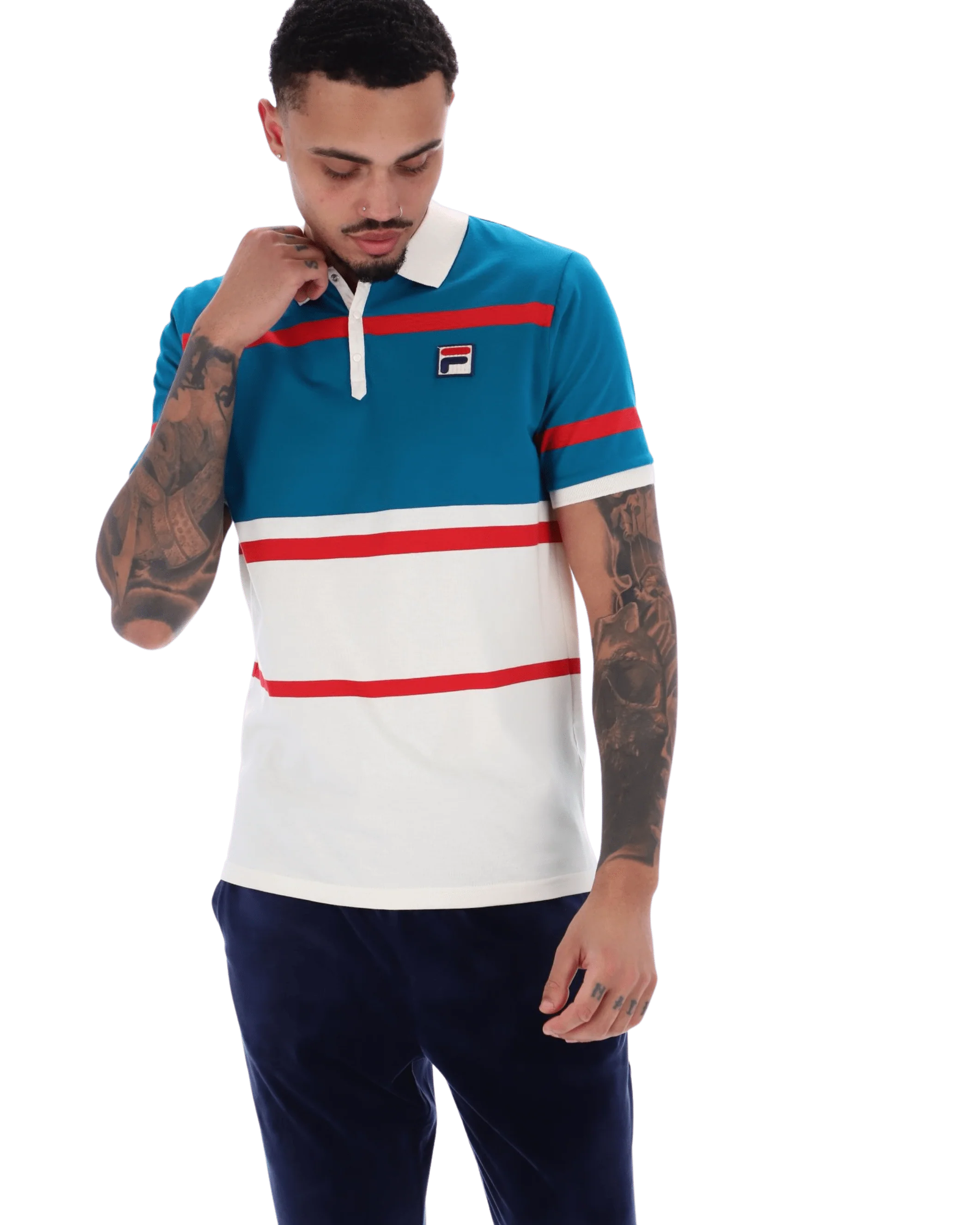 Clarkson Yarn Dye Stripe Polo In Gardenia/Deep Lagoon/Red - Image 3
