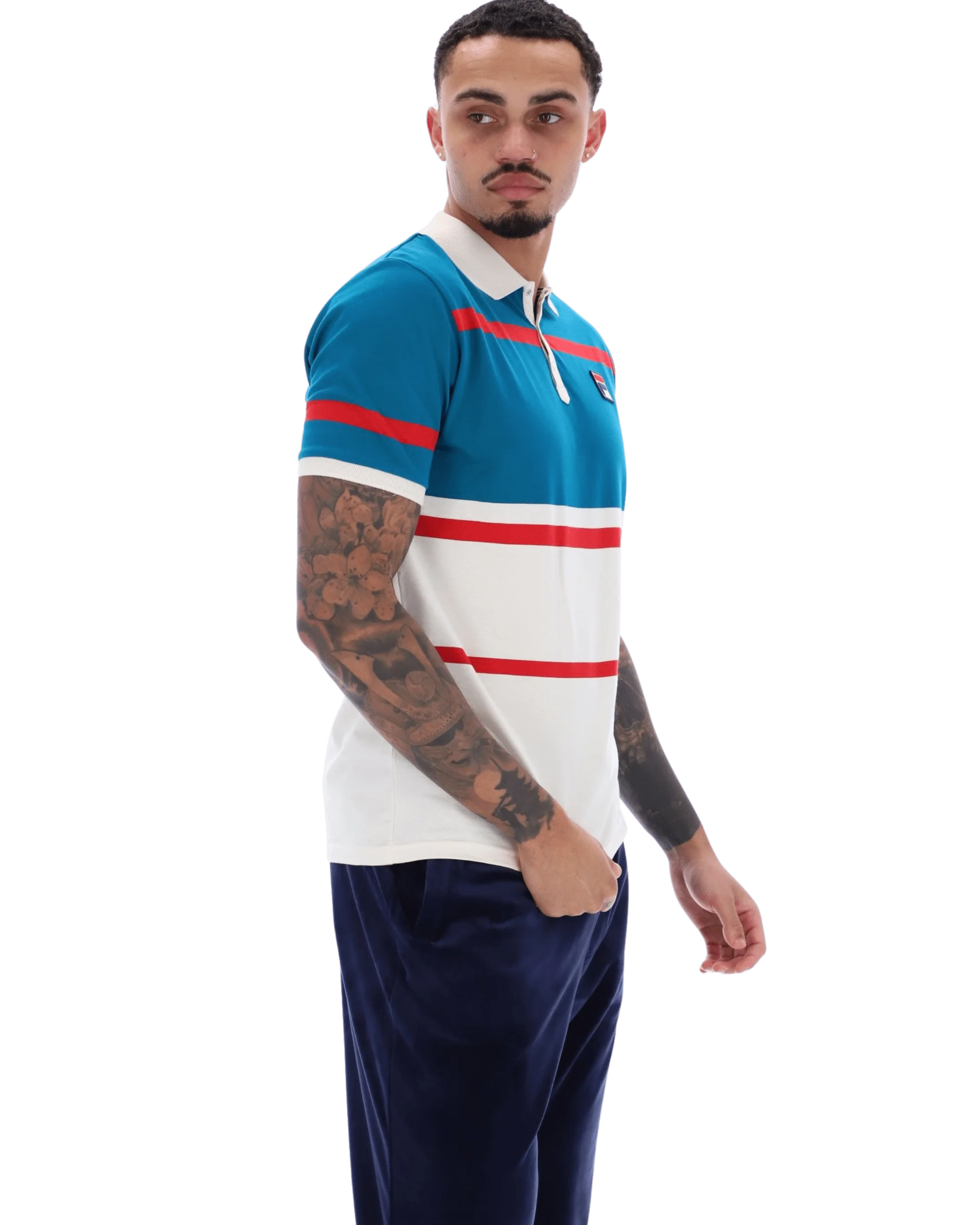 Clarkson Yarn Dye Stripe Polo In Gardenia/Deep Lagoon/Red - Image 4