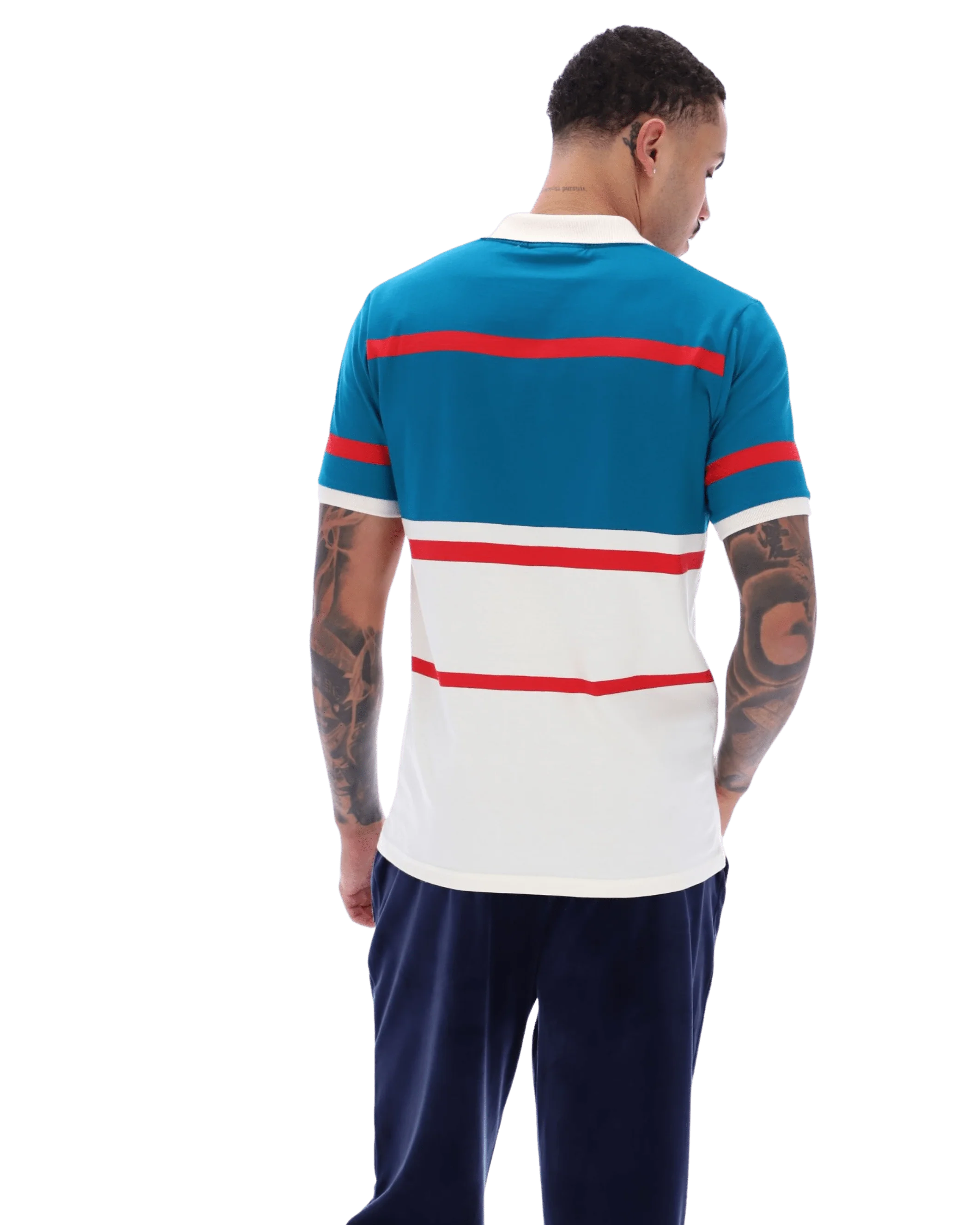 Clarkson Yarn Dye Stripe Polo In Gardenia/Deep Lagoon/Red - Image 5