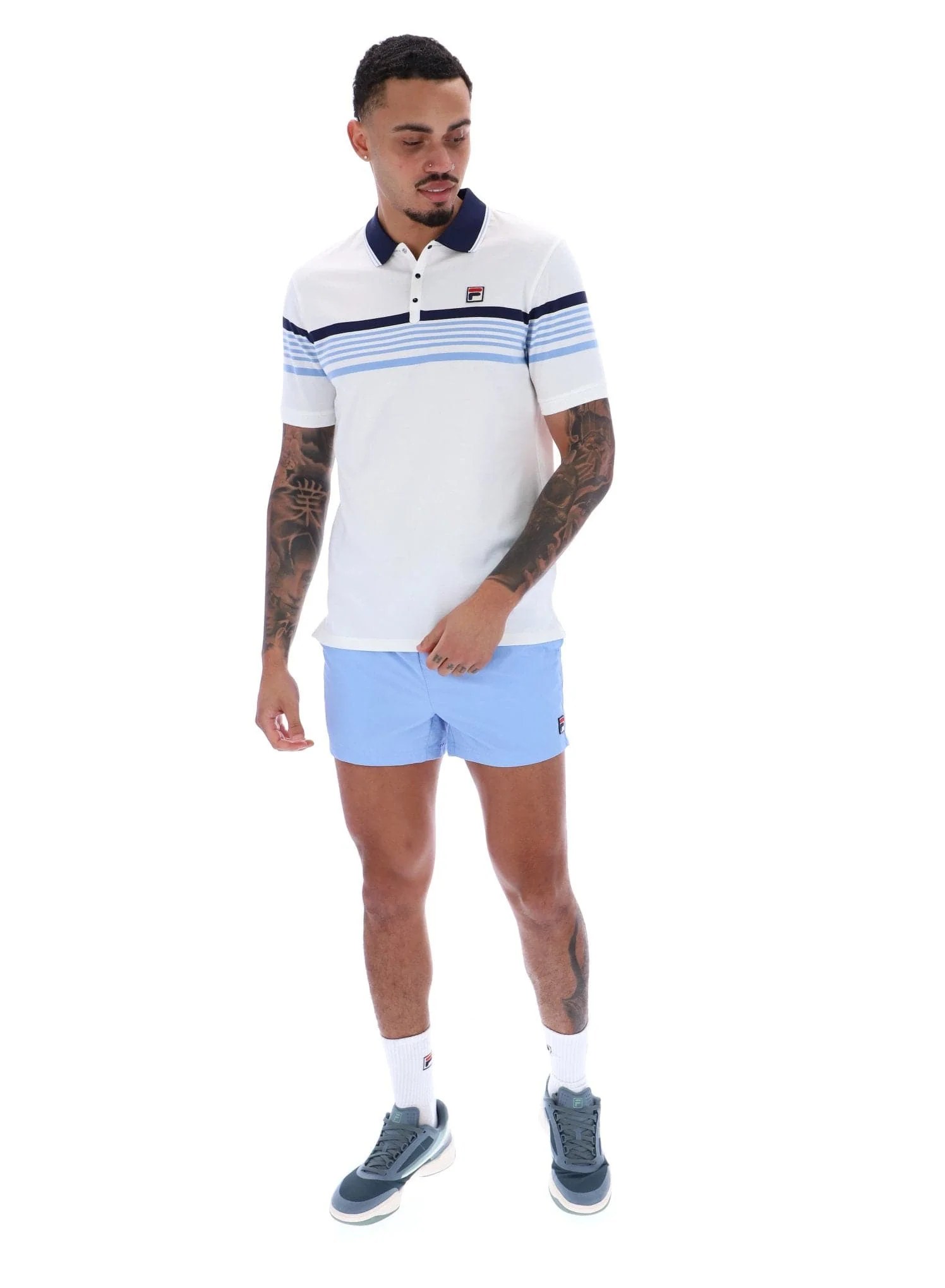 Francis Yarn Dye Stripe Polo In White/Fila Navy/Vista Blue - Image 2