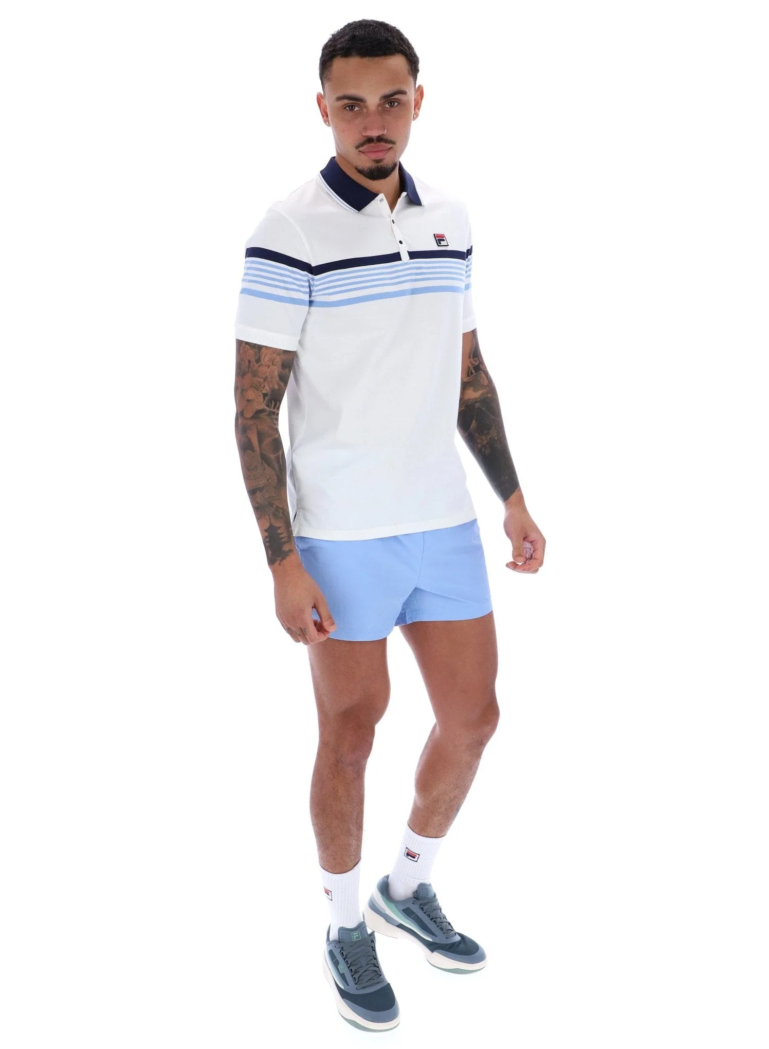 Francis Yarn Dye Stripe Polo In White/Fila Navy/Vista Blue - Image 3