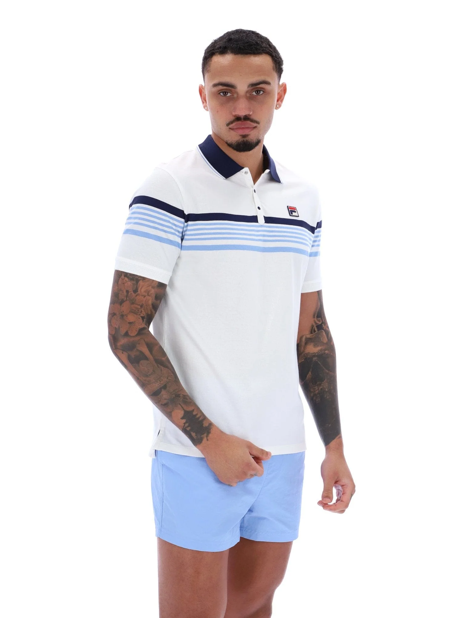 Francis Yarn Dye Stripe Polo In White/Fila Navy/Vista Blue - Image 5