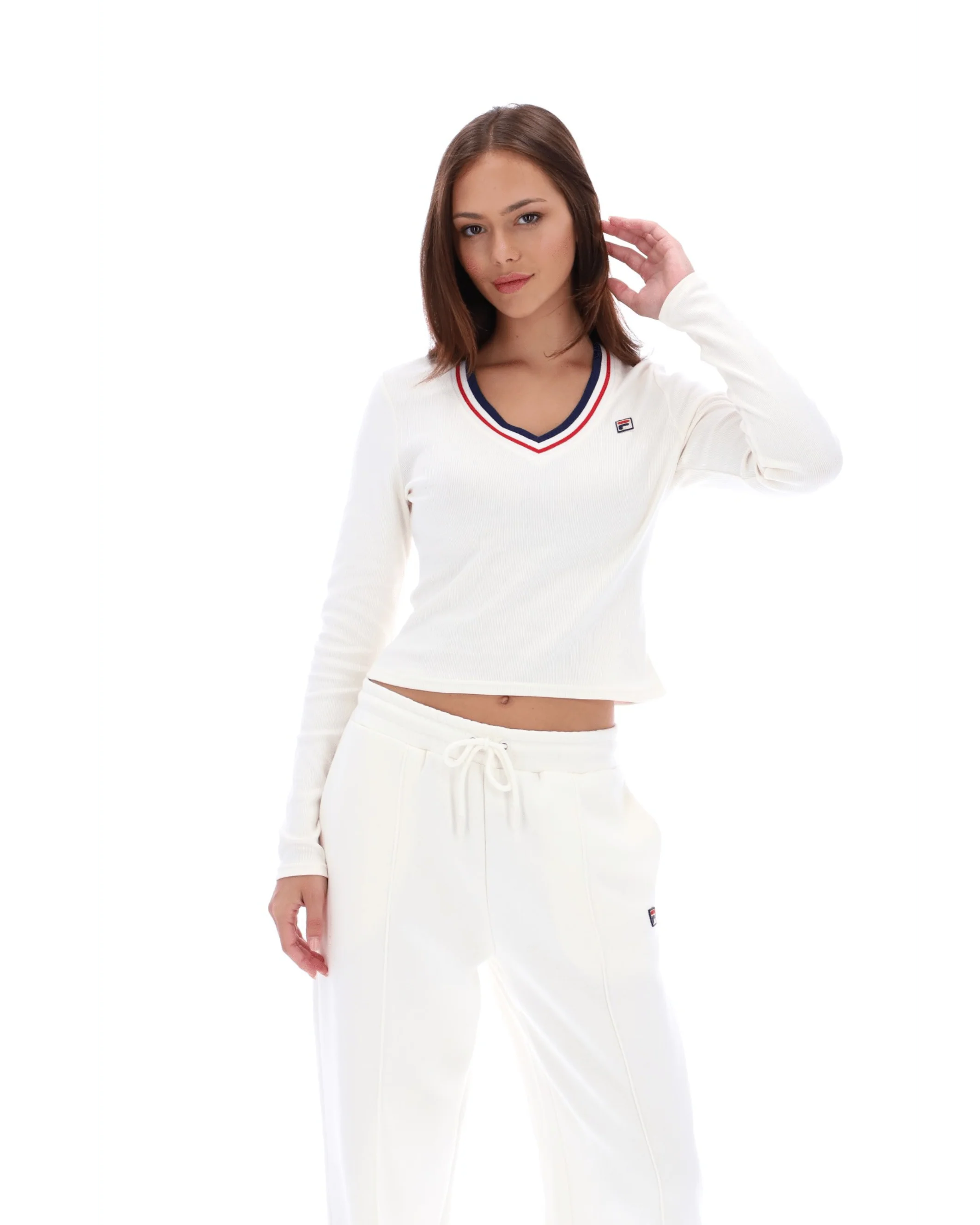 Heath Classic V Neck Ls Top in Gardenia/Navy/Red - Image 4