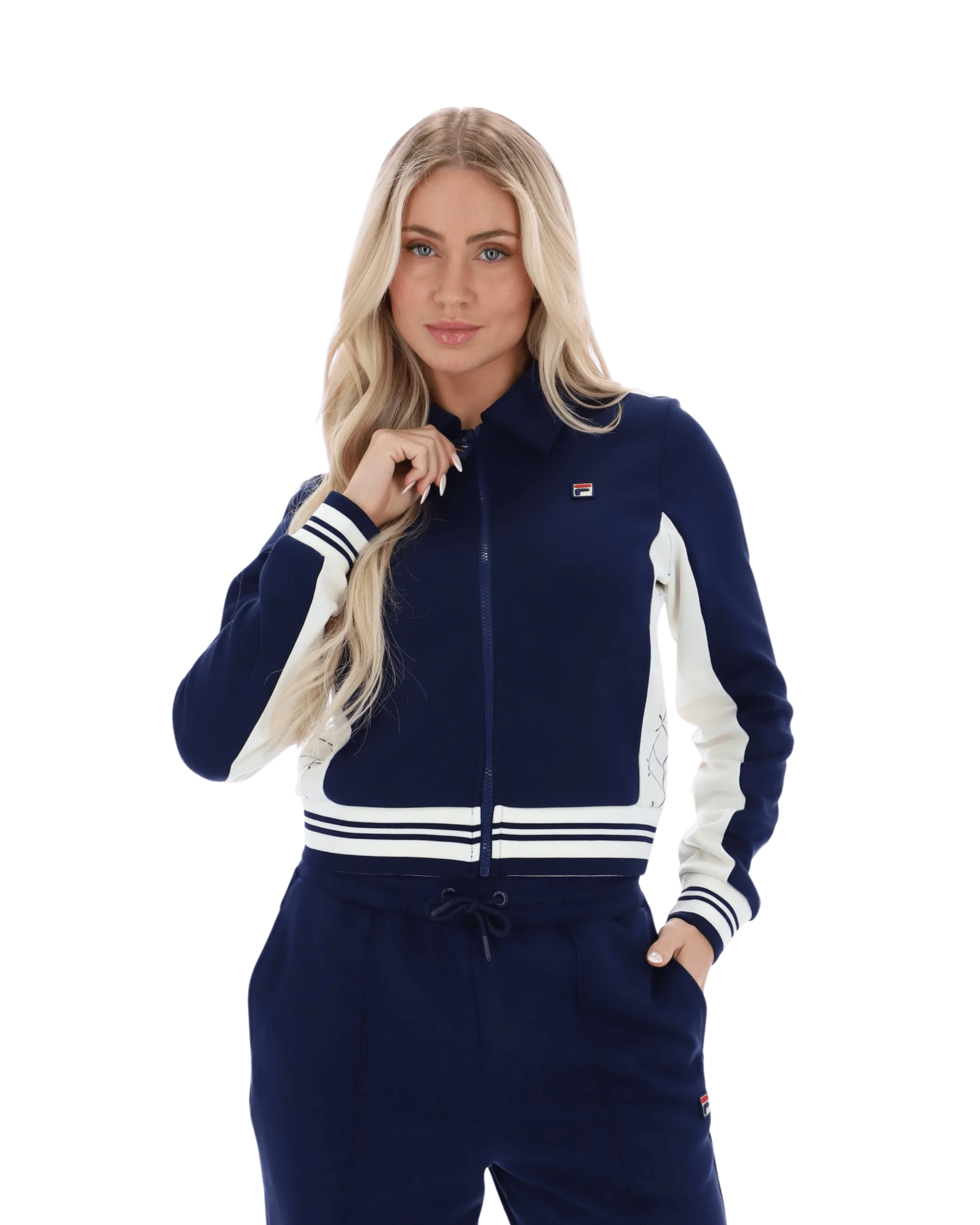 Jelena Cropped Zip Up Track Top Flat Lay Collar In Navy/Gardenia - Image 6