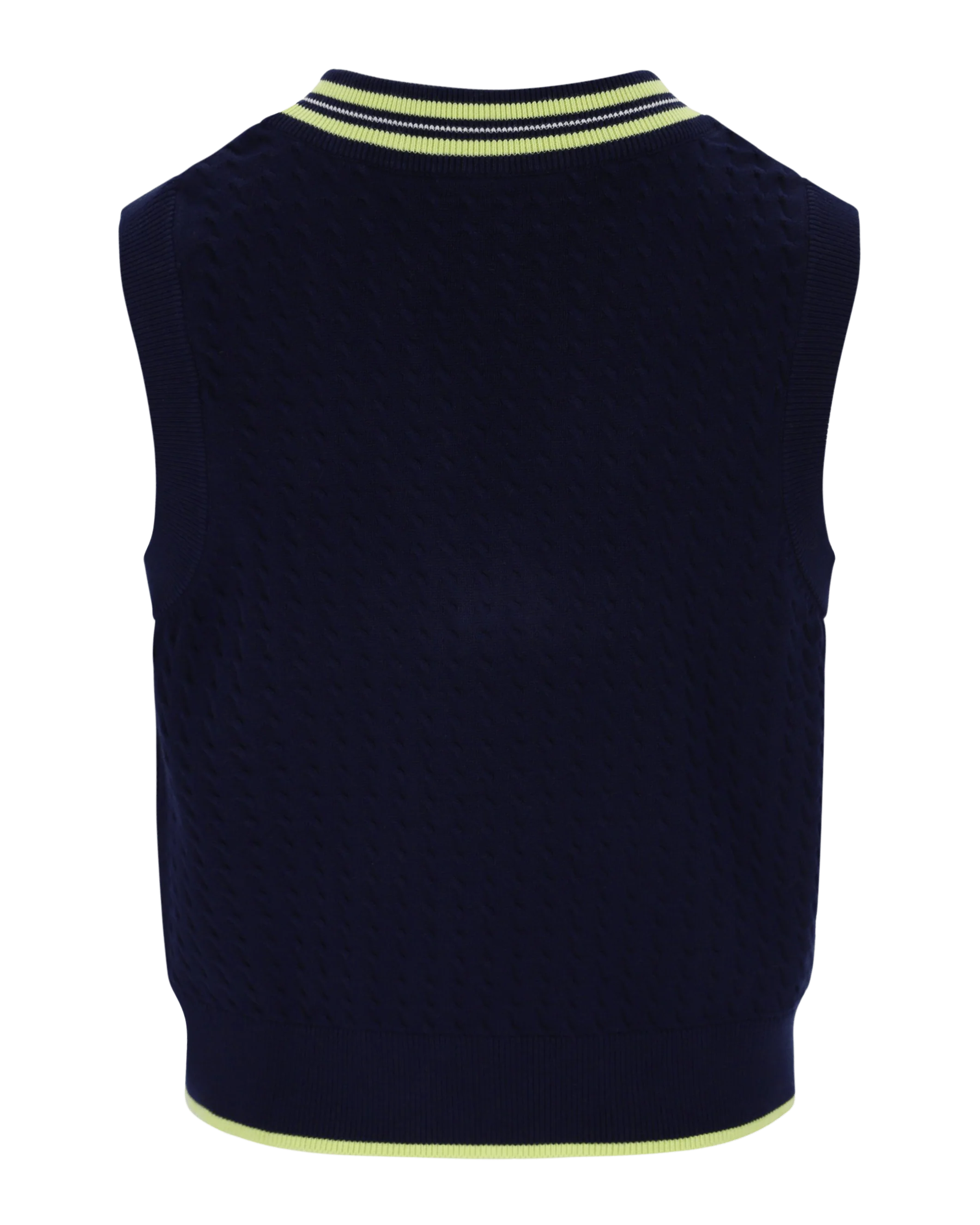Jorja Micro Cable Vest Yarn Dye Neck  Badge In Navy/Shadow Lime/Gardenia - Image 6