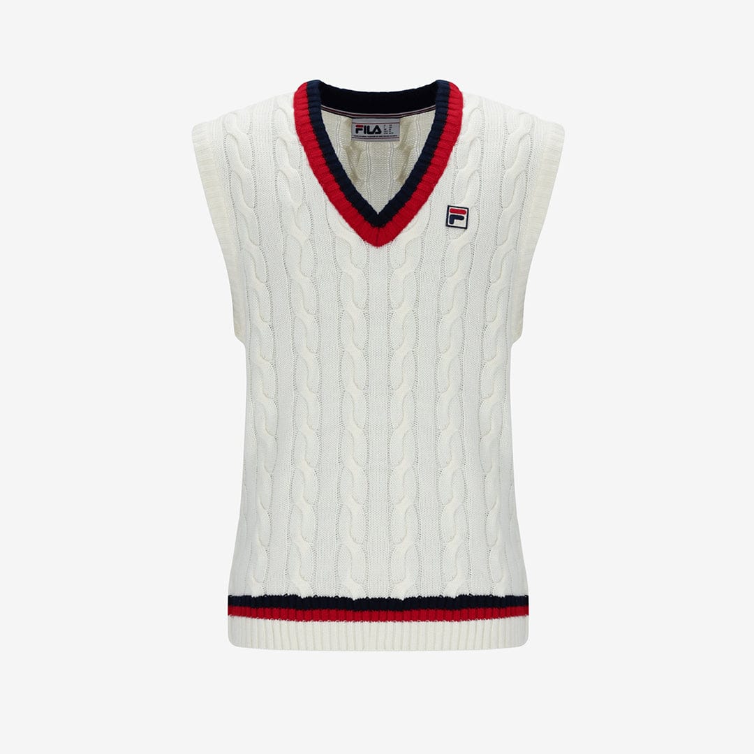 Rufus Archive Cable Knit Vest In Gardenia/Navy/Red