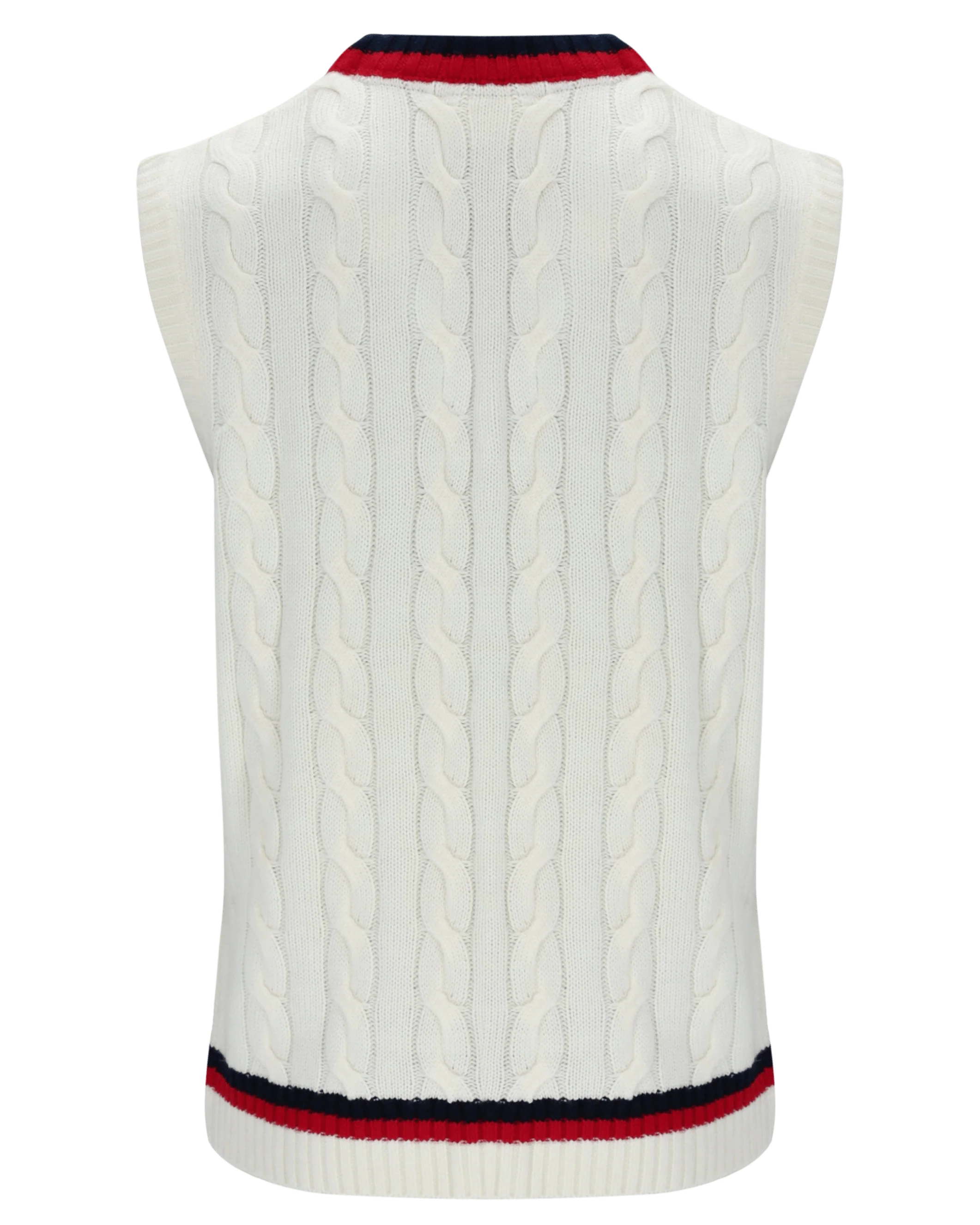 Rufus Archive Cable Knit Vest In Gardenia/Navy/Red - Image 2