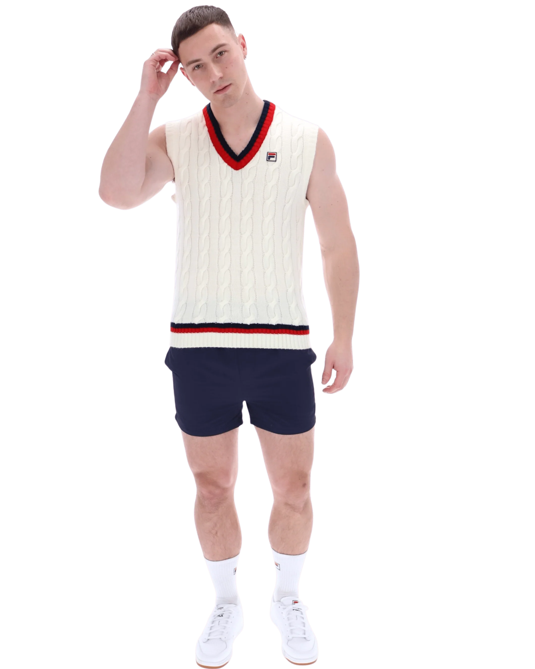 Rufus Archive Cable Knit Vest In Gardenia/Navy/Red - Image 3