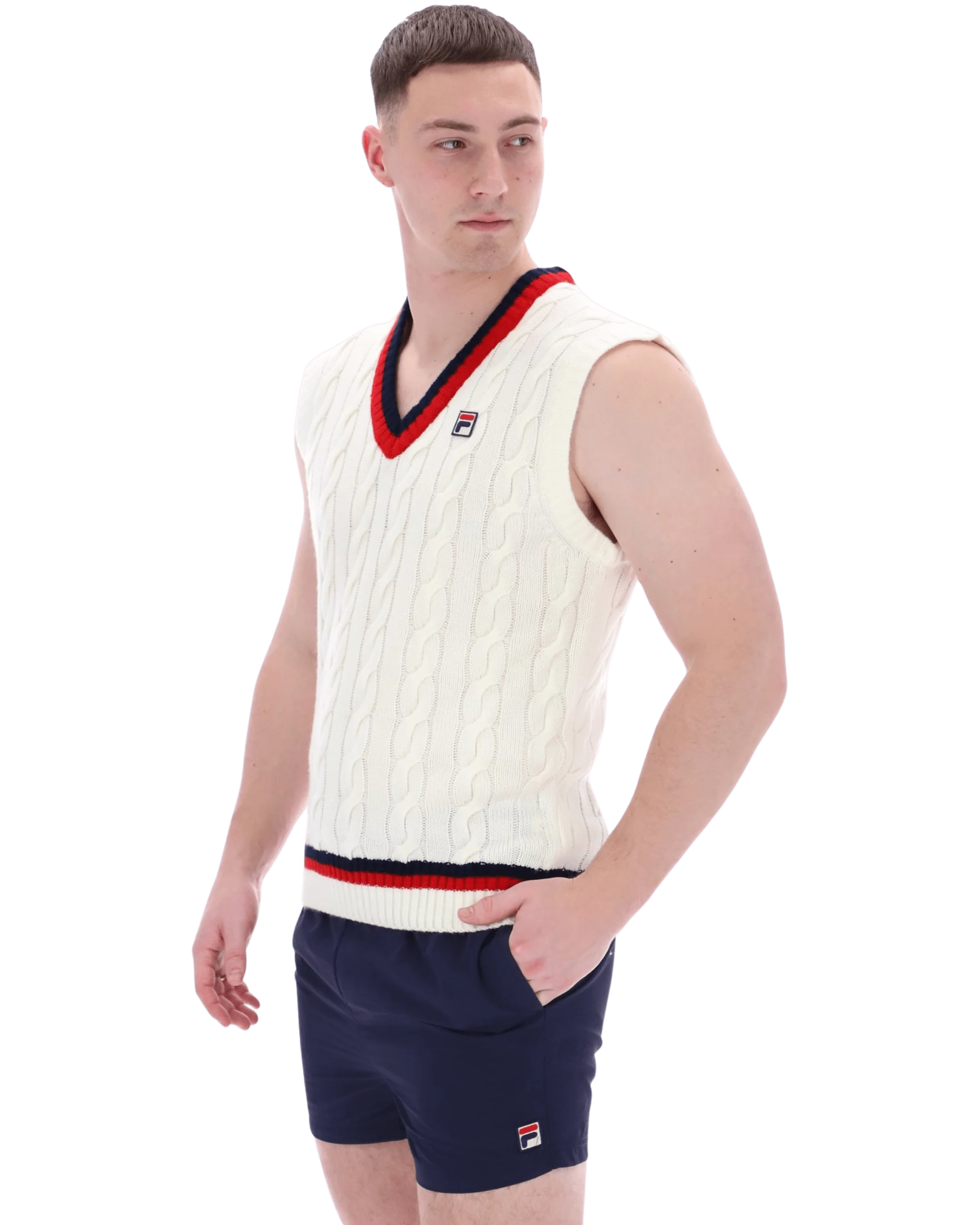 Rufus Archive Cable Knit Vest In Gardenia/Navy/Red - Image 4