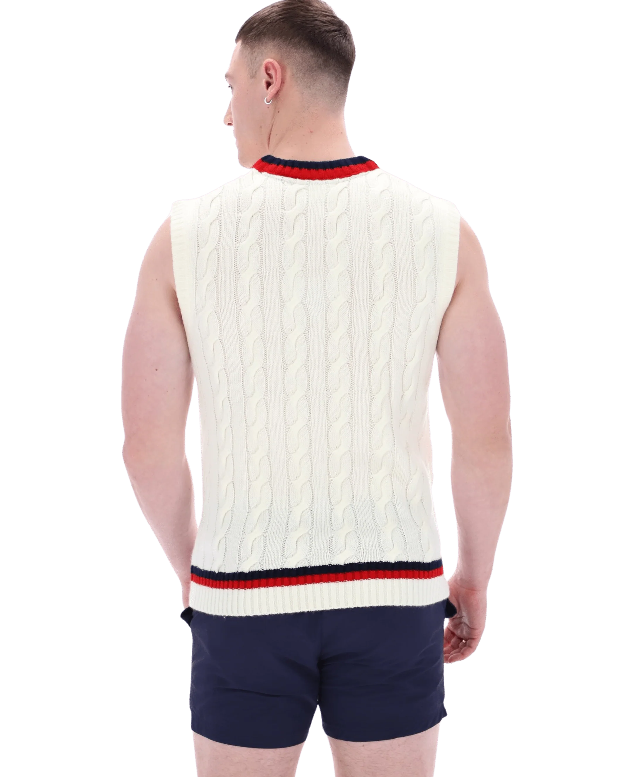 Rufus Archive Cable Knit Vest In Gardenia/Navy/Red - Image 5