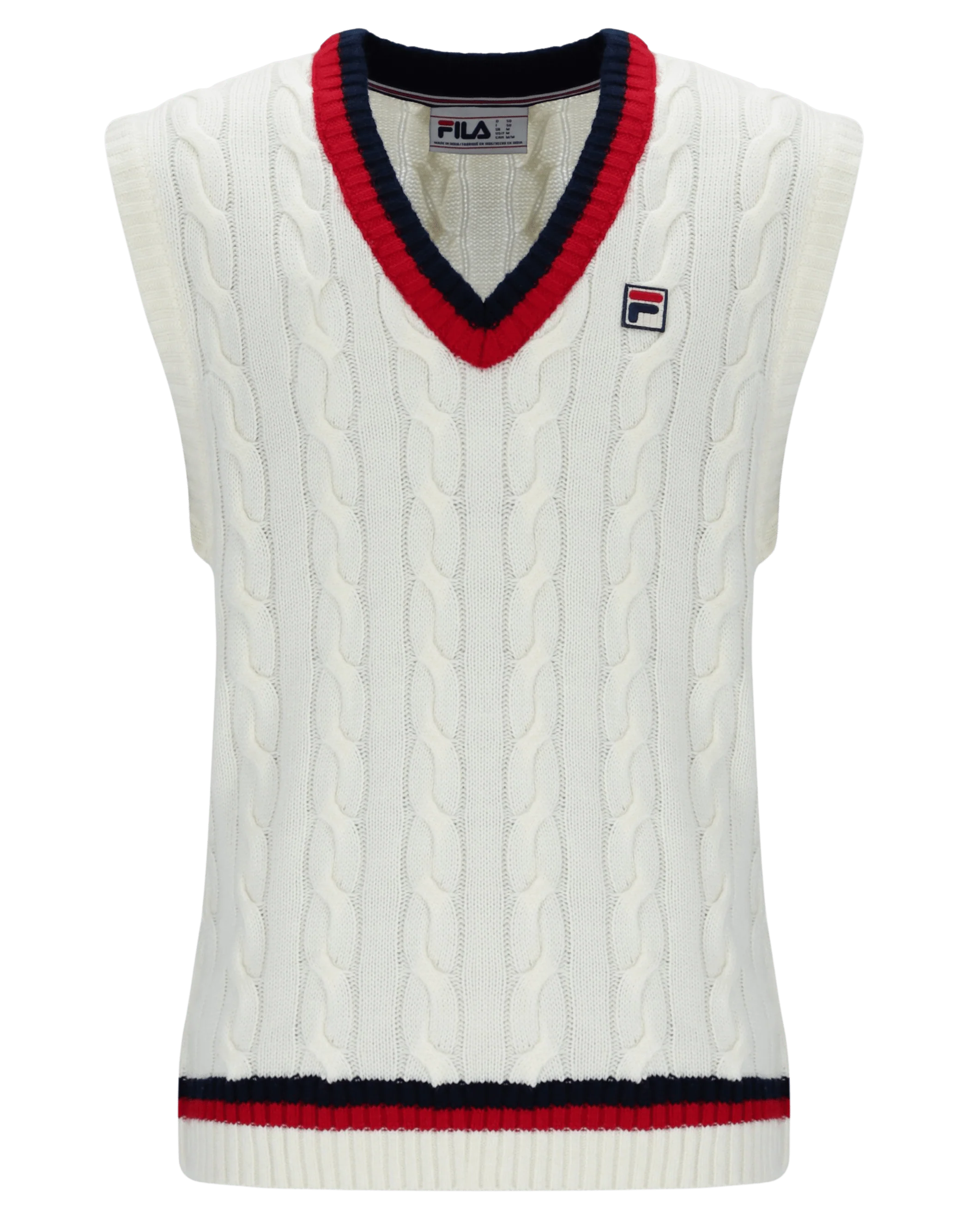 Rufus Archive Cable Knit Vest In Gardenia/Navy/Red - Image 6